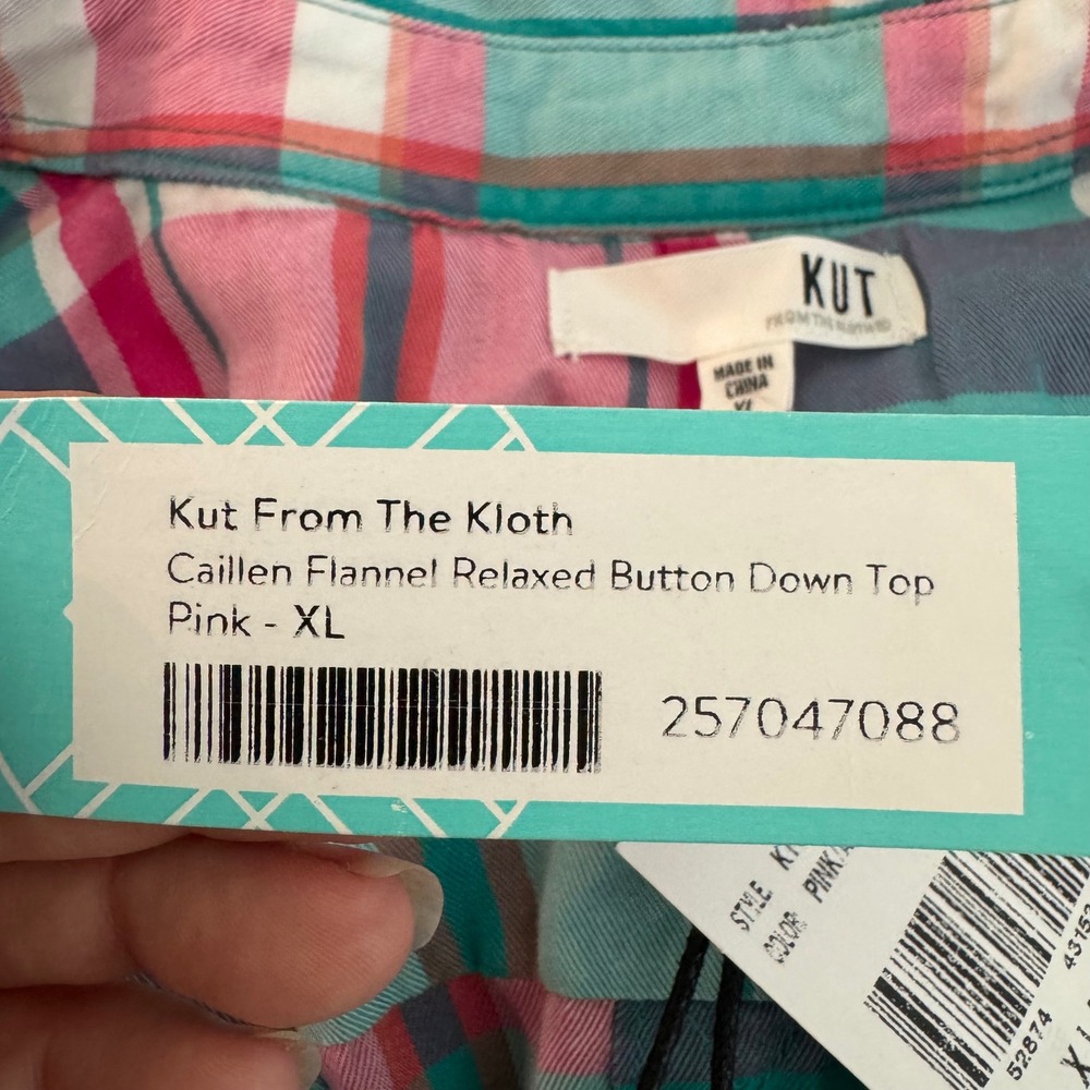 Kut from the Kloth Caillen Flannel Relaxed Button Down Top Pink Aqua Plaid XL - Picture 9 of 14